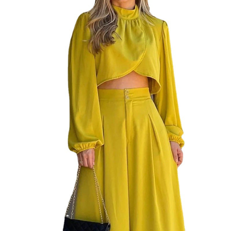 Womens Asymmetrical Top And High-waisted Wide-leg Pants Set