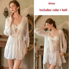 GuiRuo Lingerie Sweet Mesh Lace Polka-Dot Sheer Padded Sleep Dress Gown Womens Set