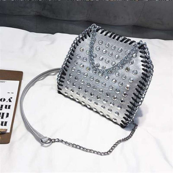 Cylindrical Small Bag  Rivet Chain Messenger Bag  Female Bag Diamond Mobile Phone Bag