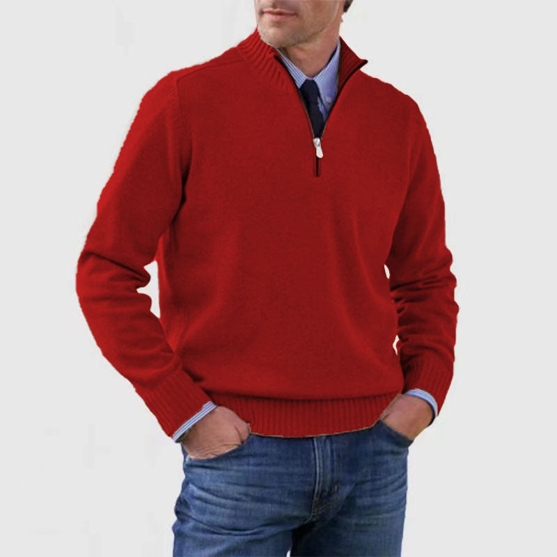 Men's Stand Collar Zipper Sweater Winter Fashion Solid Color Long Sleeve Knitted Top Clothing