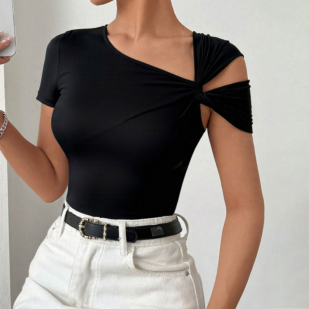 Womens Asymmetrical One-shoulder Twisted-design Short-sleeve Figure-hugging Bodysuit