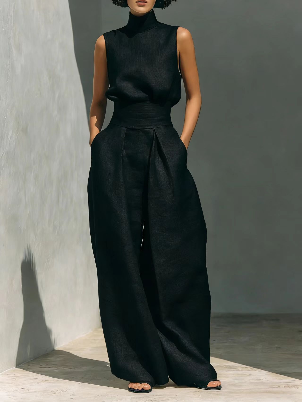 Casual Sleeveless Suit Summer Stand-up Collar Pullover Top And Loose Straight-leg Trousers Women's Clothing