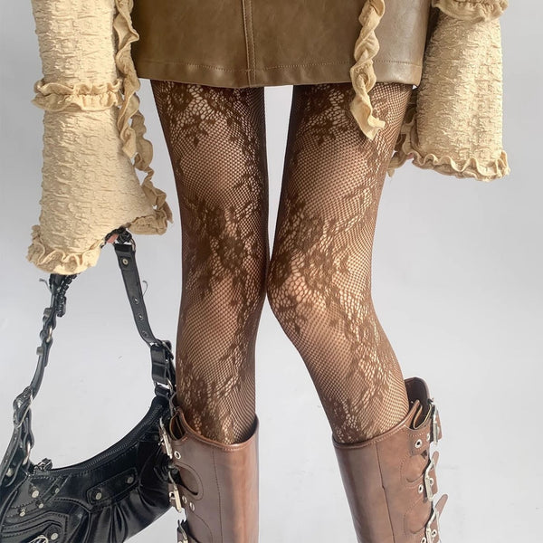 Retro Lace Fishnet Stockings French Jacquard Patterned Tights