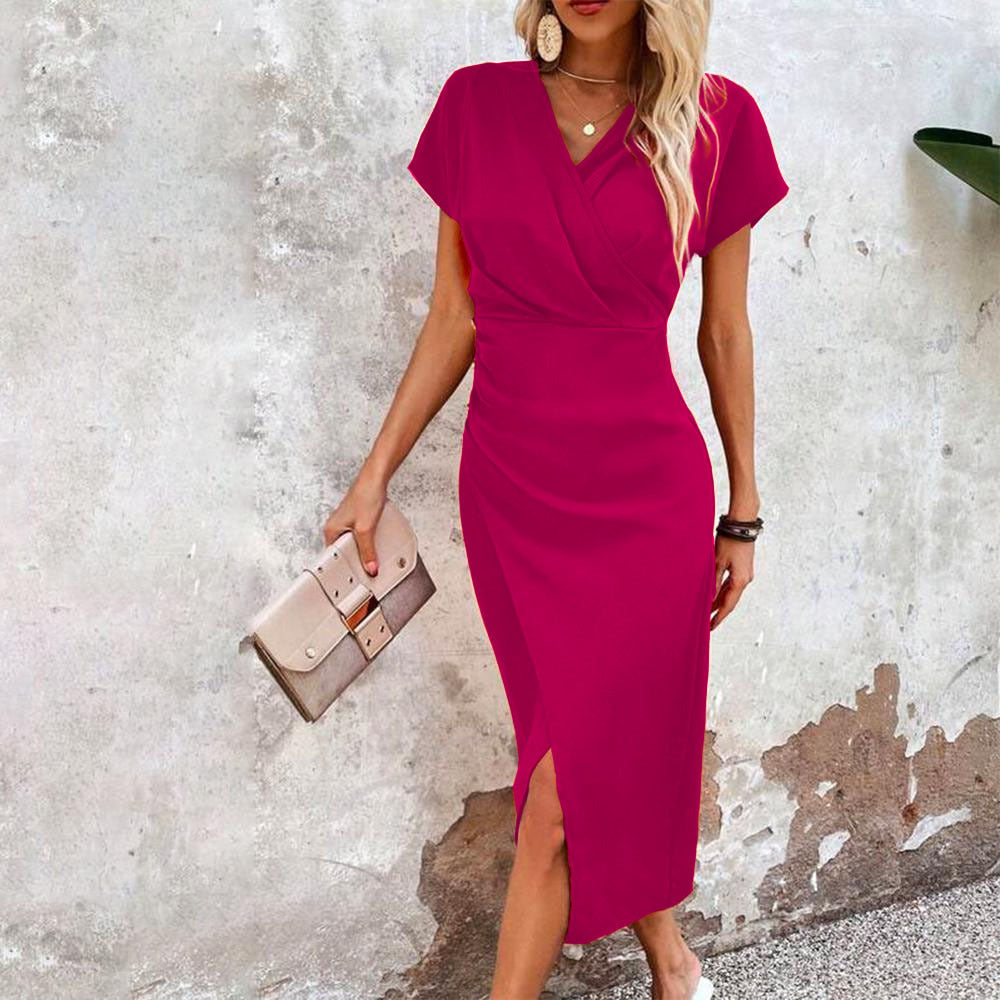 Slim-fit Short-sleeved Dress Fashion Sexy Split V-neck Dress Summer Women's Clothing