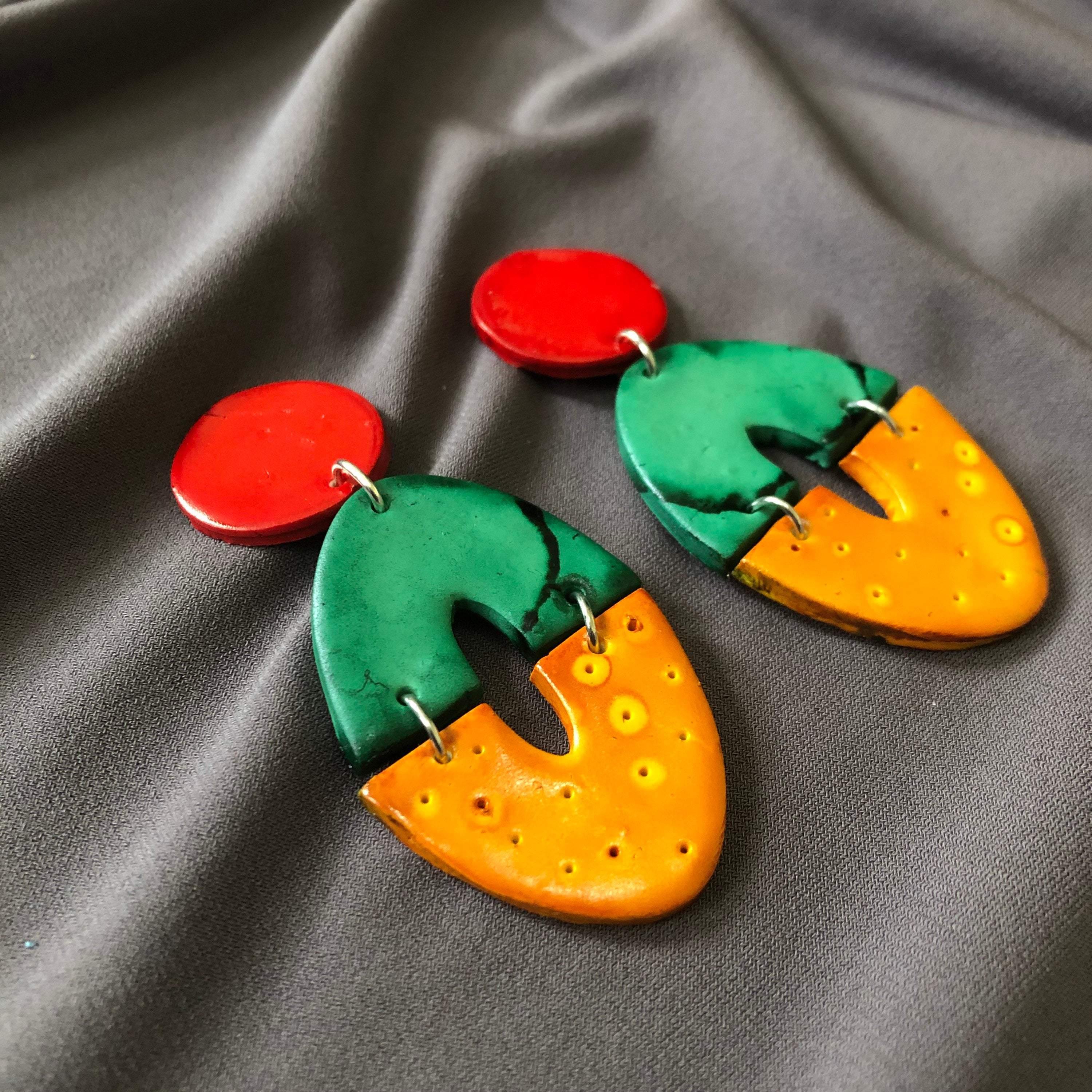 Bold Artsy Colorful Clip On Earrings for Non Pierced Ears Handmade from Clay- "Zoe"