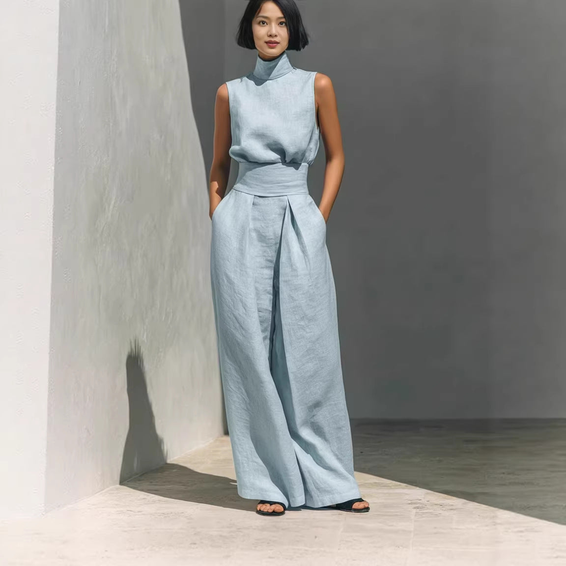 Casual Sleeveless Suit Summer Stand-up Collar Pullover Top And Loose Straight-leg Trousers Women's Clothing