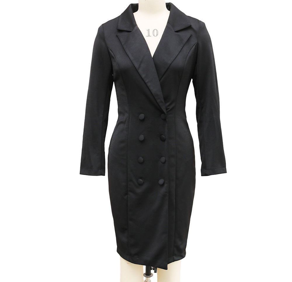 Double-breasted Blazer Dress Fashion Slim-fitting Hip-wrapped Lapel Long-sleeved Dresses Office Commuting Long Jacket Outwear For Women's Clothing