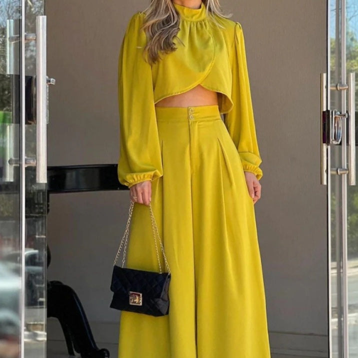 Womens Asymmetrical Top And High-waisted Wide-leg Pants Set