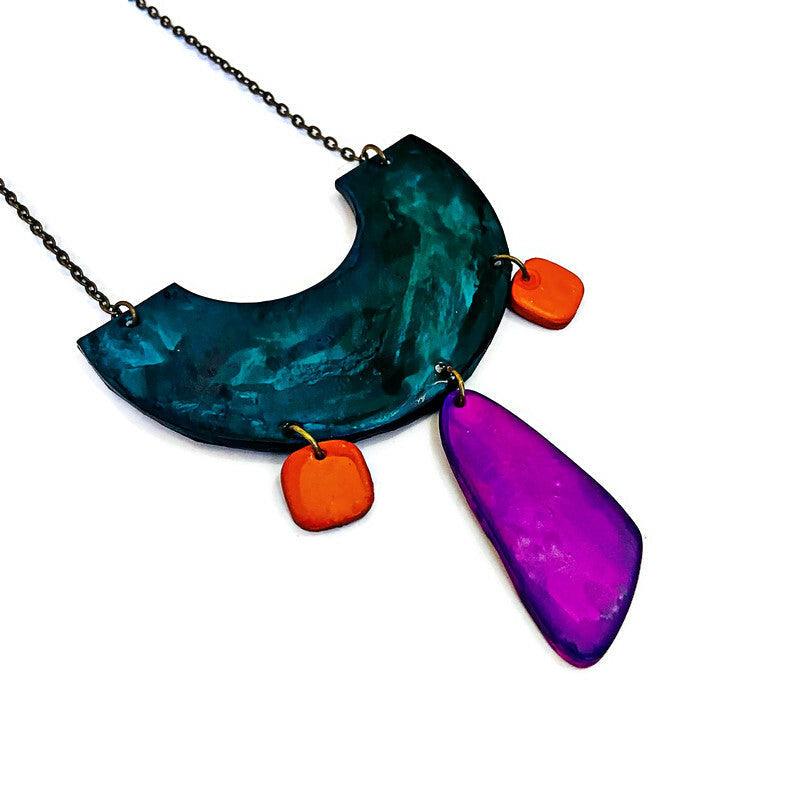 Funky Statement Necklace in Teal, Orange, Purple- "Ricki"