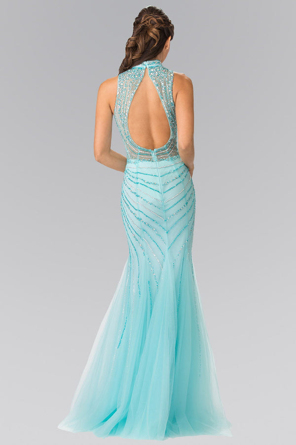 Full Beaded Halter Neck Illusion Top Dress with Open Back