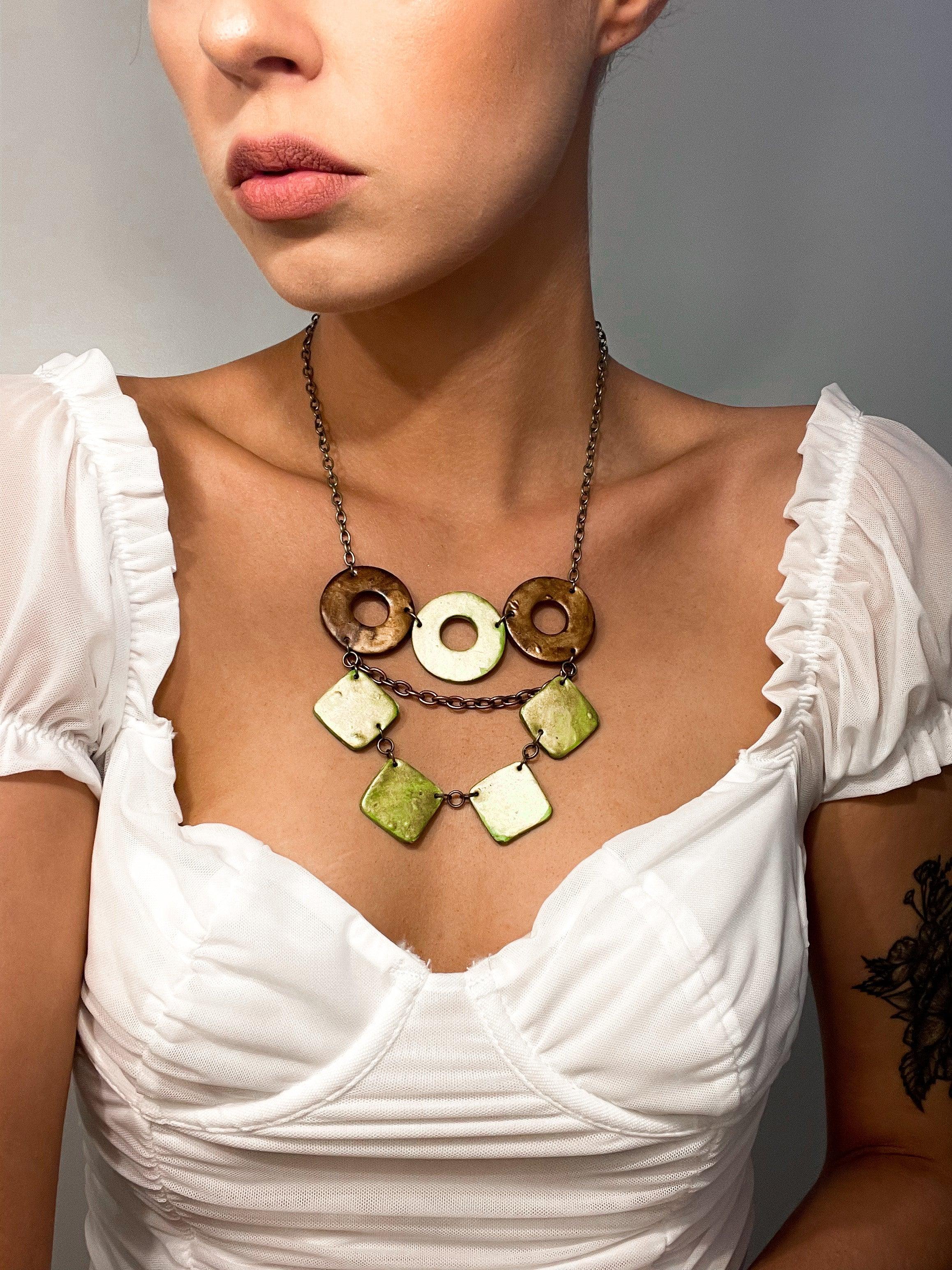 Layered Statement Necklace in Chartreuse Green, Bronze & Gold