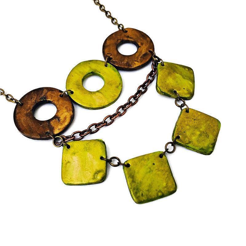 Layered Statement Necklace in Chartreuse Green, Bronze & Gold