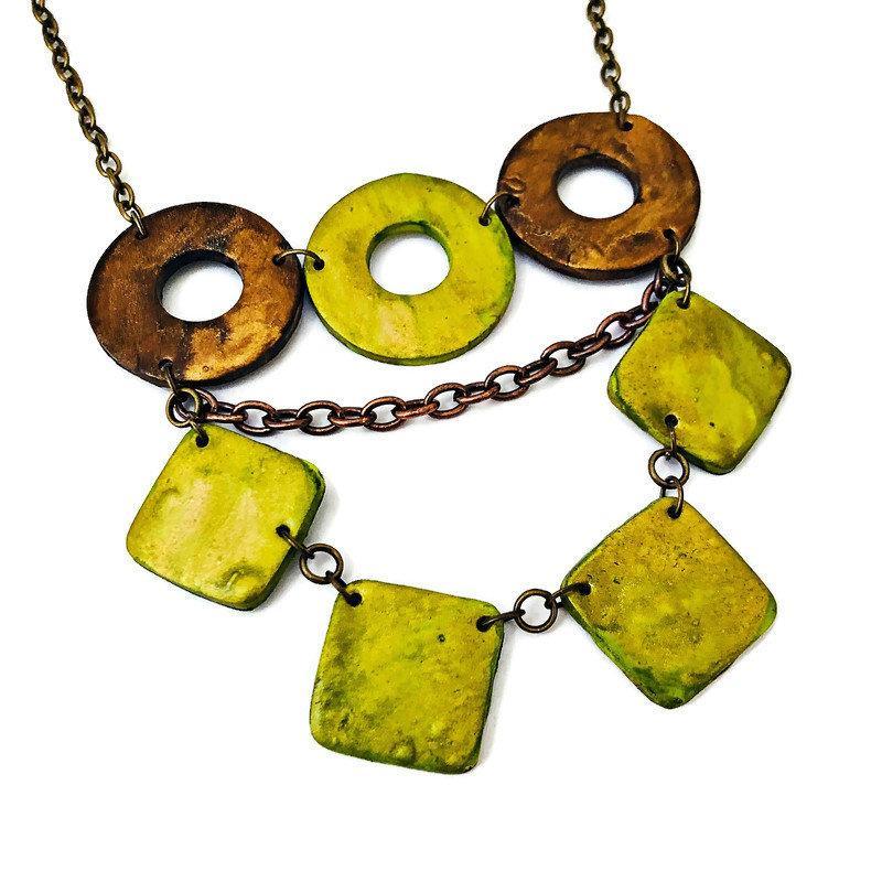Layered Statement Necklace in Chartreuse Green, Bronze & Gold