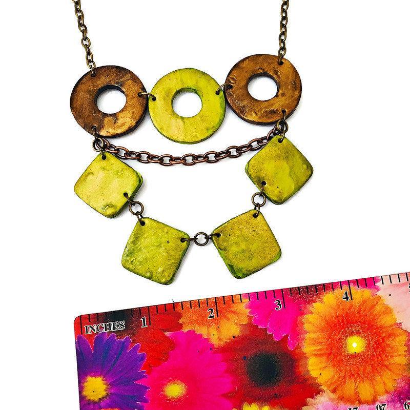 Layered Statement Necklace in Chartreuse Green, Bronze & Gold