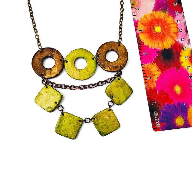 Layered Statement Necklace in Chartreuse Green, Bronze & Gold
