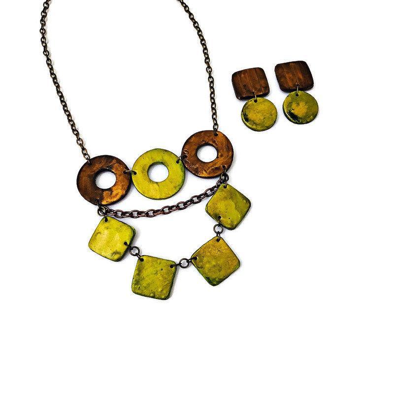 Layered Statement Necklace in Chartreuse Green, Bronze & Gold