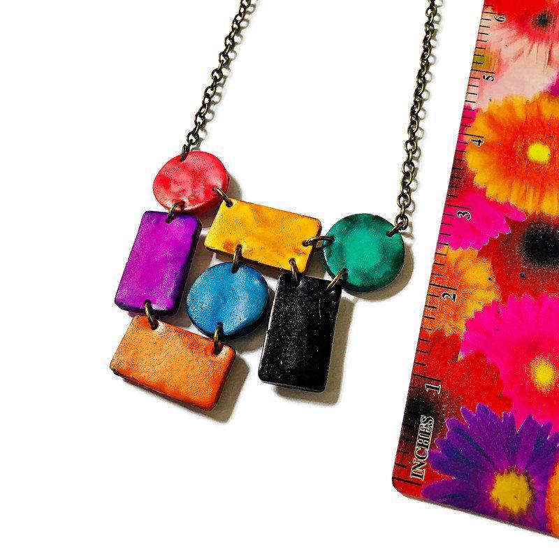 Multi-Shape Statement Necklace, Polymer Clay Bib Painted with Alcohol Ink
