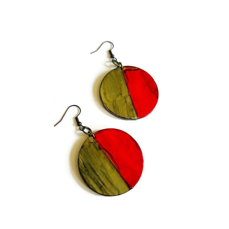 Two Tone Disc Earrings in Red & Grey-0