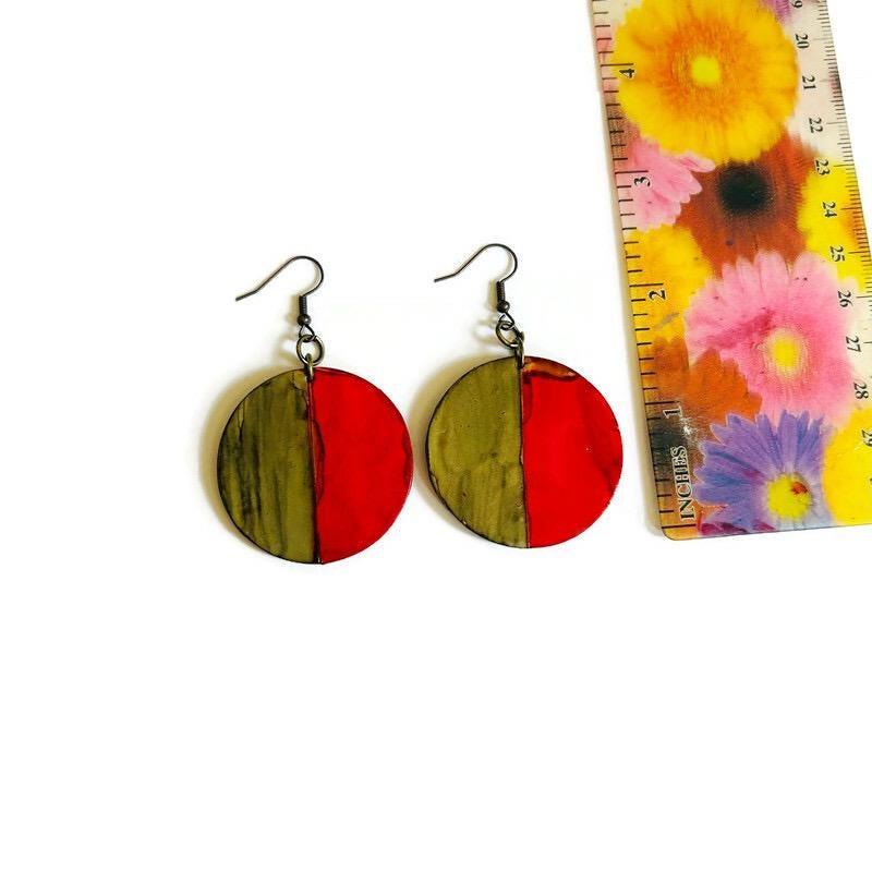 Two Tone Disc Earrings in Red & Grey-2