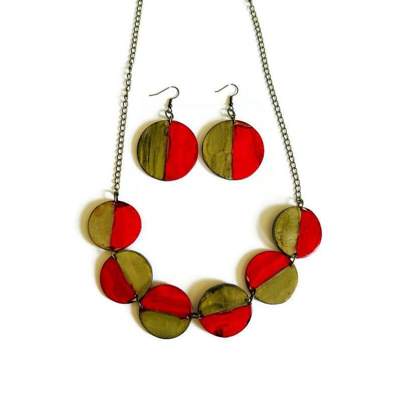 Two Tone Disc Earrings in Red & Grey-3