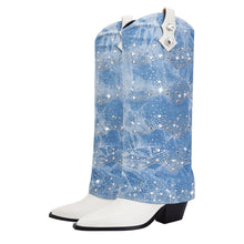 White and Denim Foldover Knee High Boots
