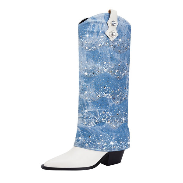 White and Denim Foldover Knee High Boots