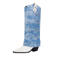 White and Denim Foldover Knee High Boots